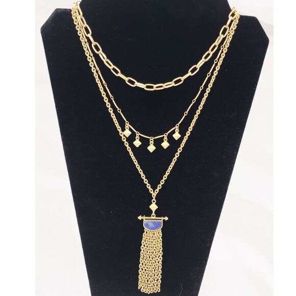 JARDIN Gold Layered Blue Sodalite Stone Fringe Pendant Chain Necklace ~ NEW - Picture 1 of 7